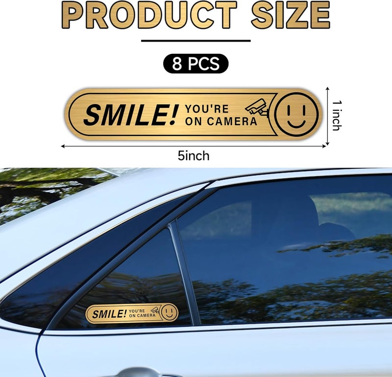 LUHIMO 8PCS Smile You're On Camera Sticker for Car, Self Adhesive Brushed Gold Durable Video Surveillance Sign Sticker, Security Camera Sign for Home, Business, Vehicles and Window（5" x 1"） - Image 2